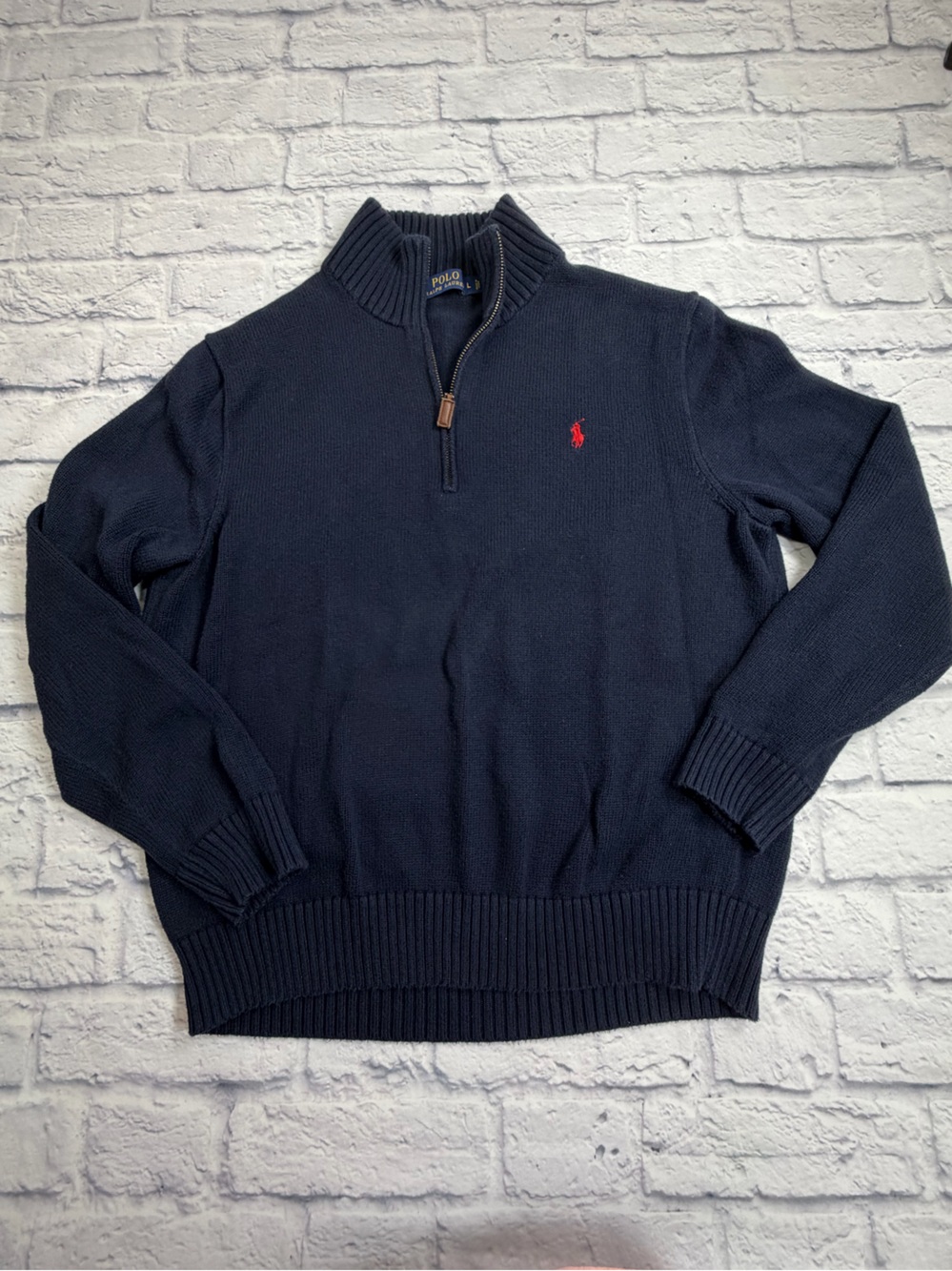 Polo by Ralph Lauren Navy Quarter-Zip Sweater with Red Pony. Size Large.